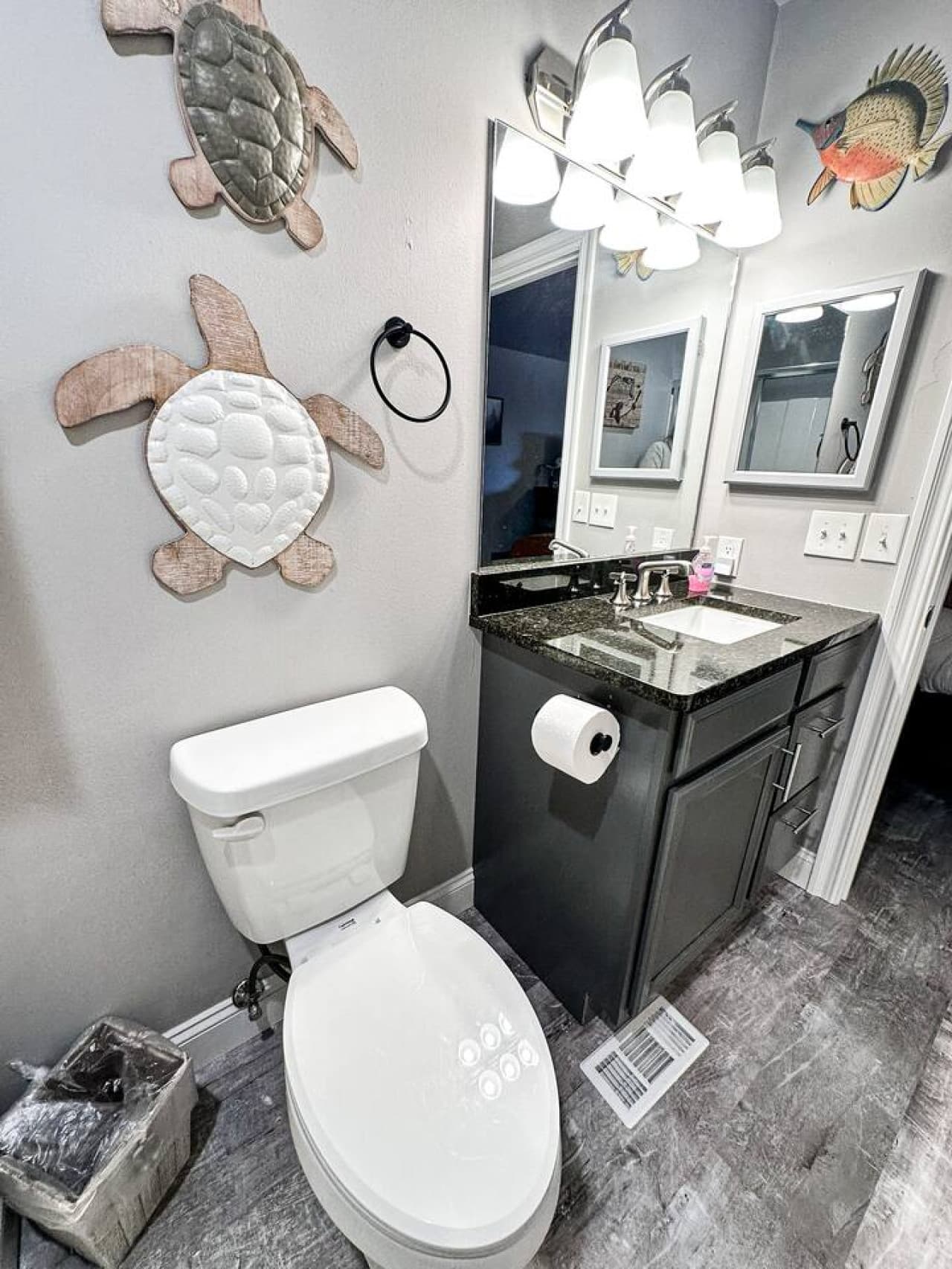 Bathroom Two - Vanity View: Granite vanity and modern lighting for a clean, polished look.