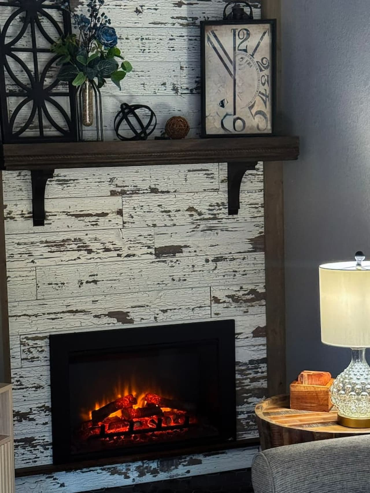 Charming electric fireplace adds warmth and ambiance.