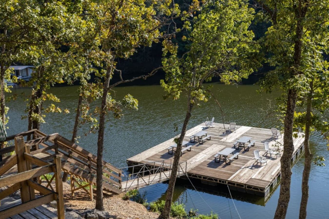Peaceful lakeside dock for swimming and unwinding by the water.