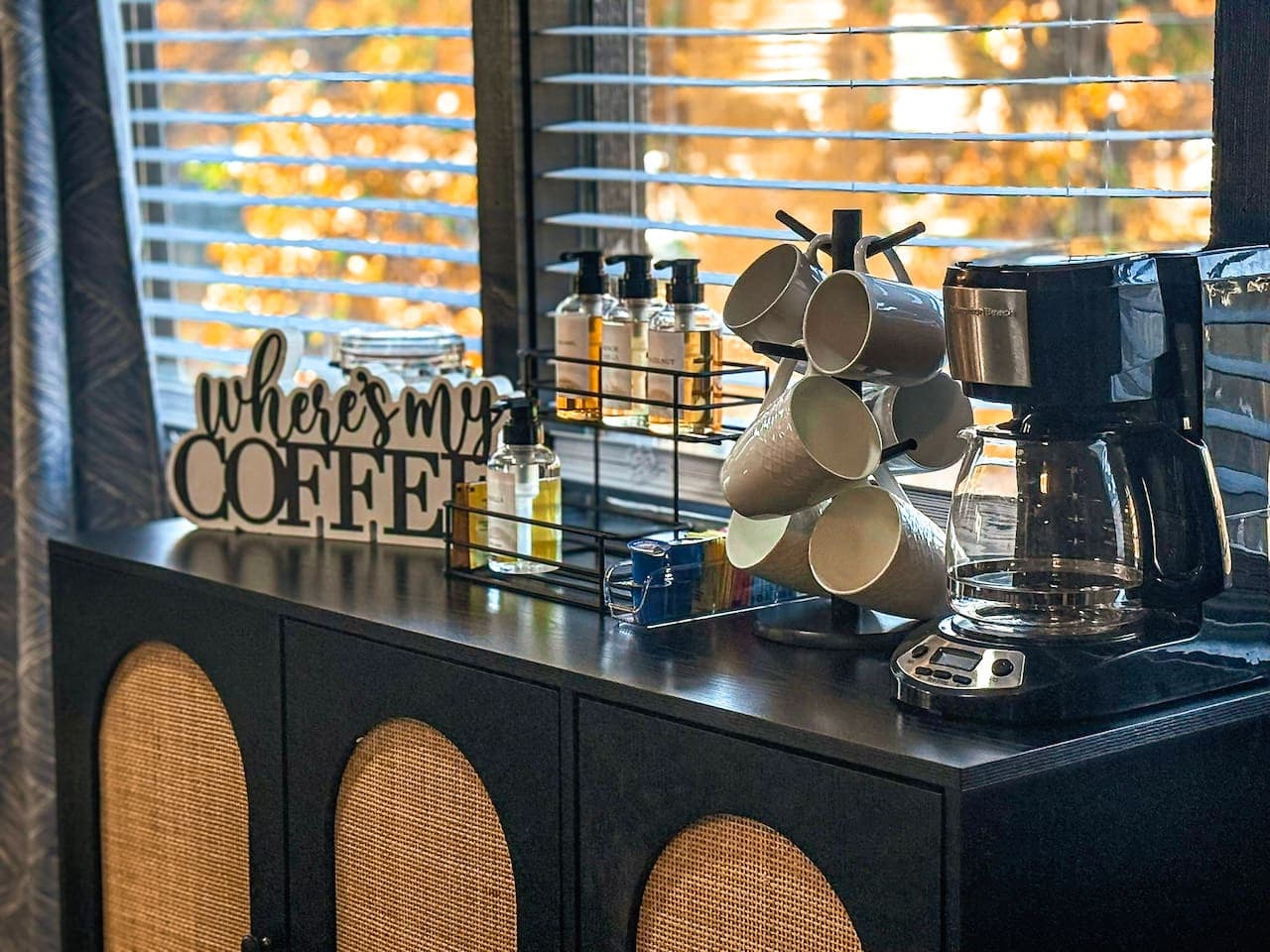 Coffee bar stocked and ready for your morning brew.