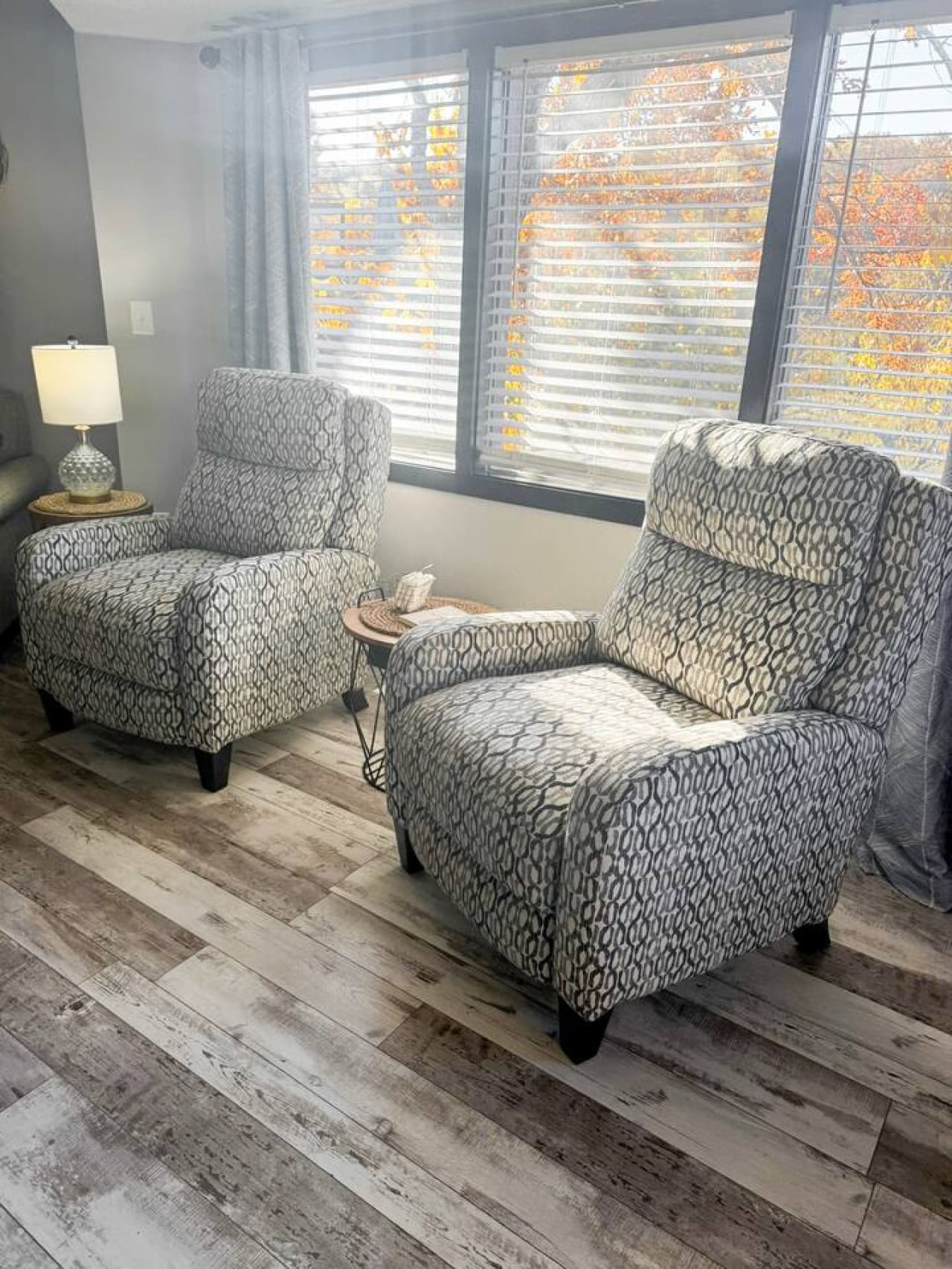 Comfortable recliners with natural light and peaceful views.