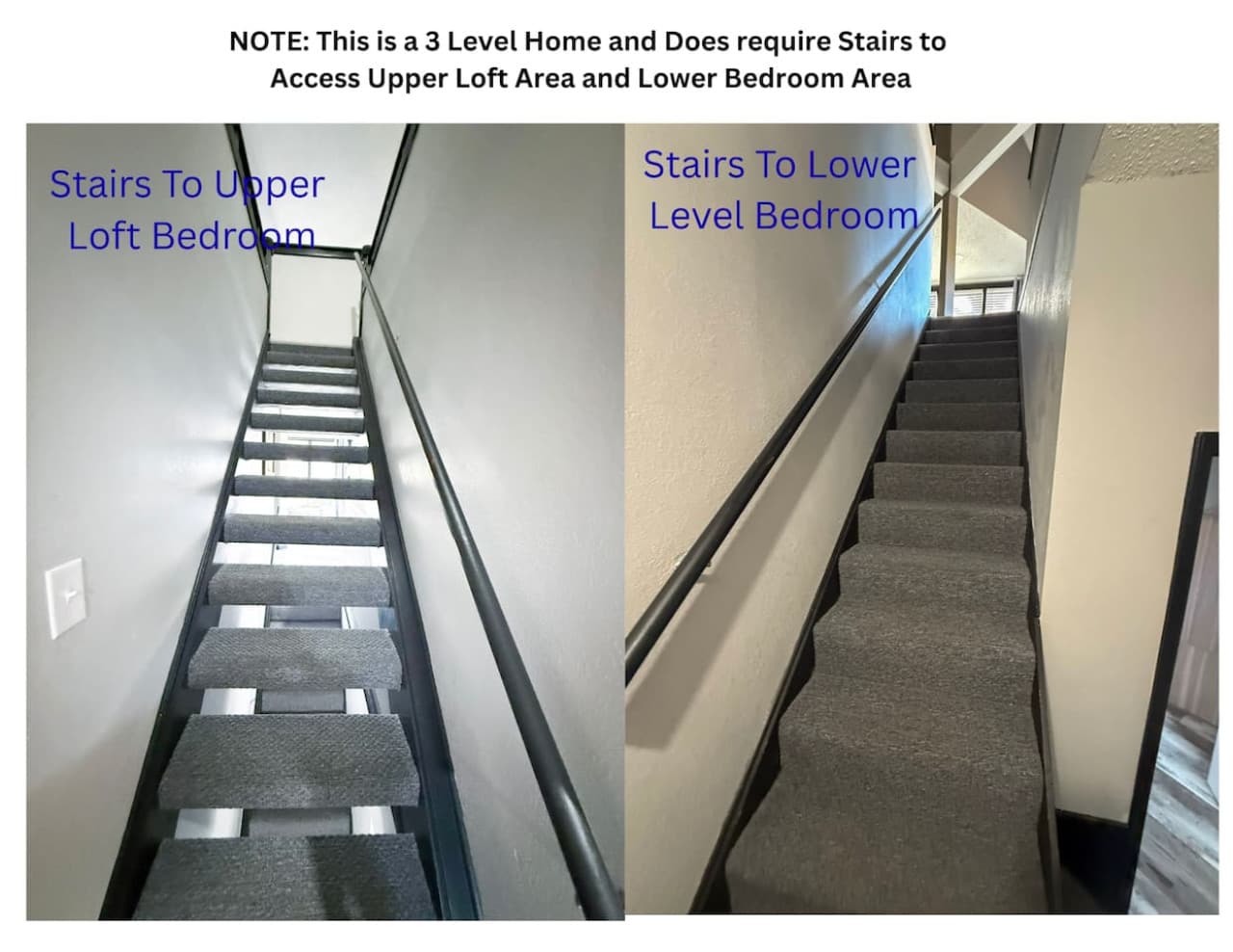 Three-level home with stairs to upper loft and lower bedroom areas.