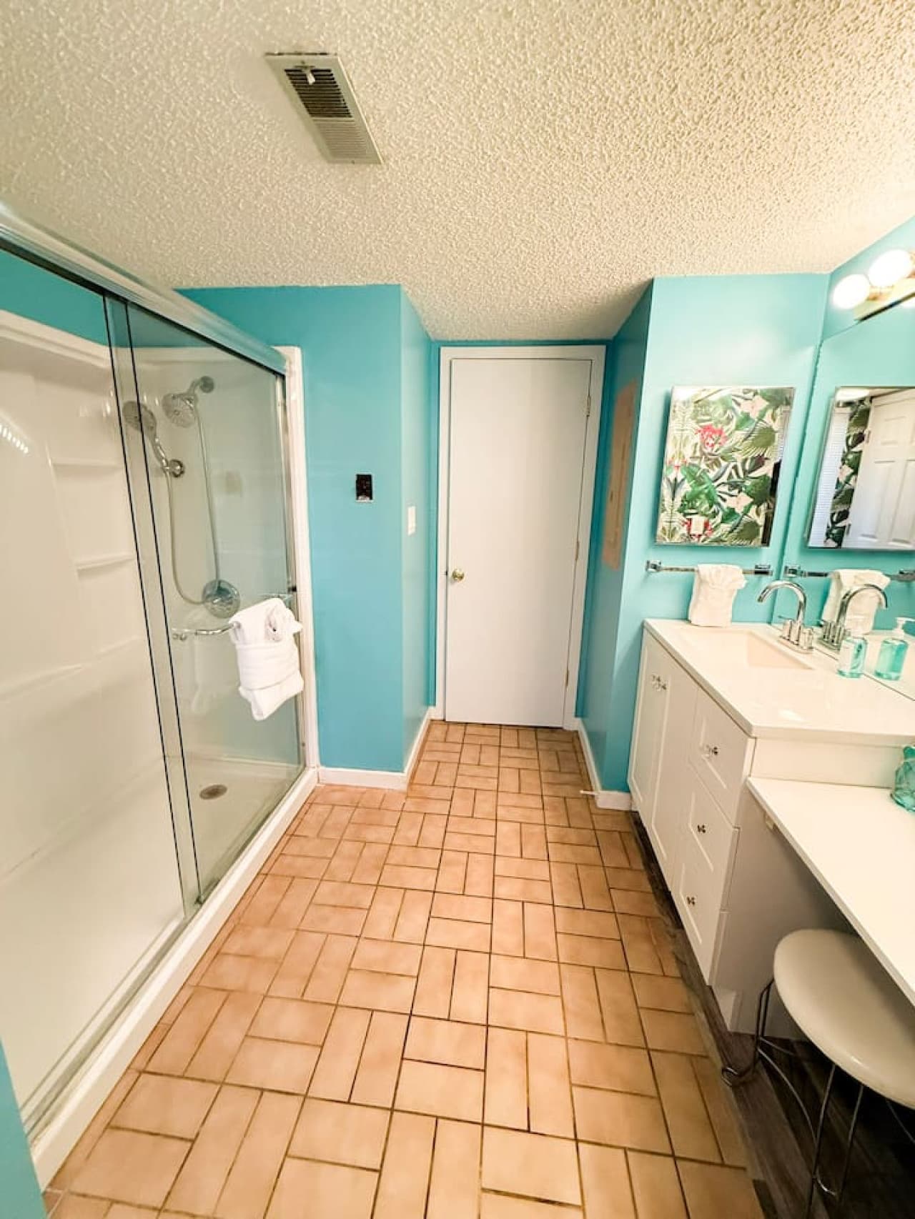Spacious bathroom with walk-in shower.