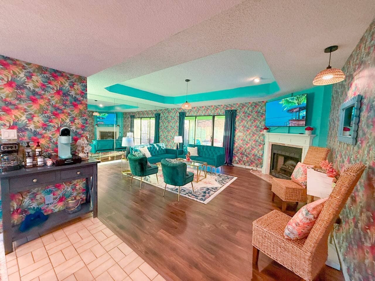Spacious, vibrant living area with comfortable seating and unique tropical decor.