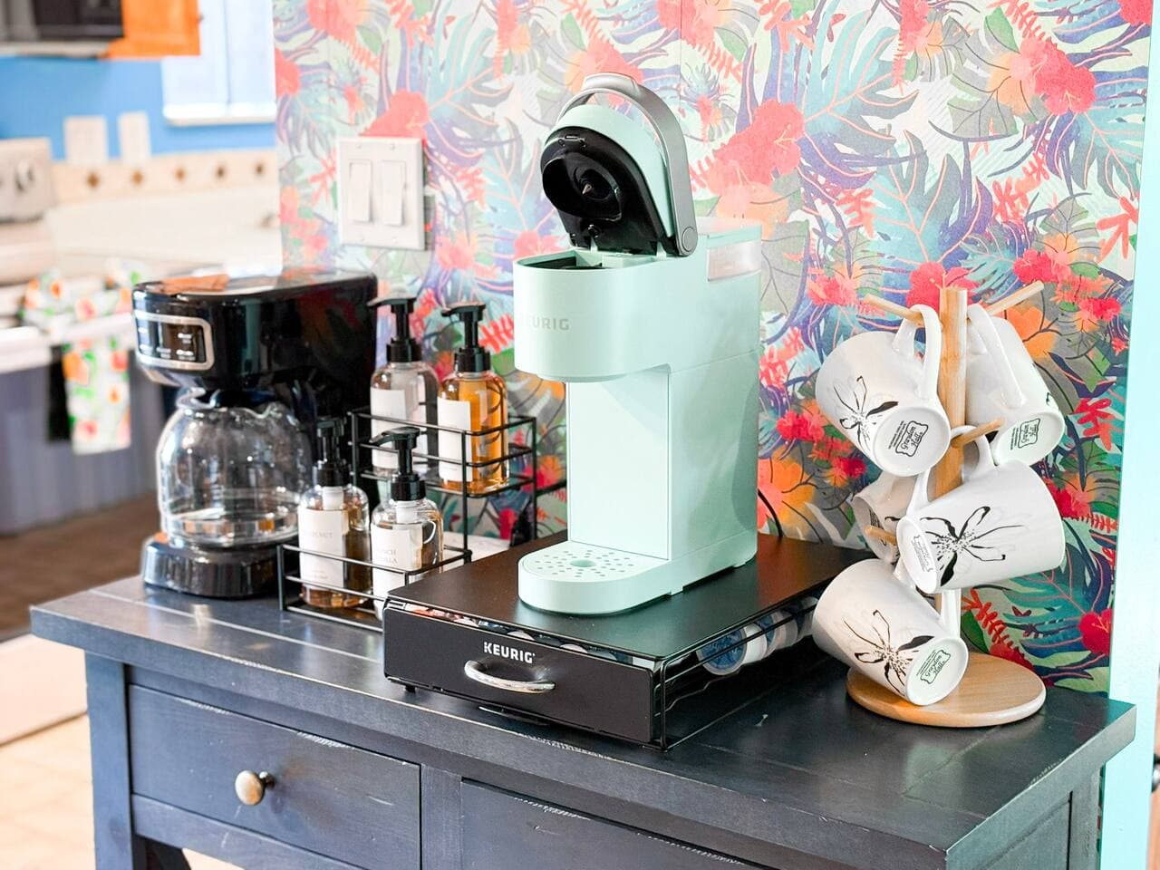 Coffee station with a variety of brewing options.