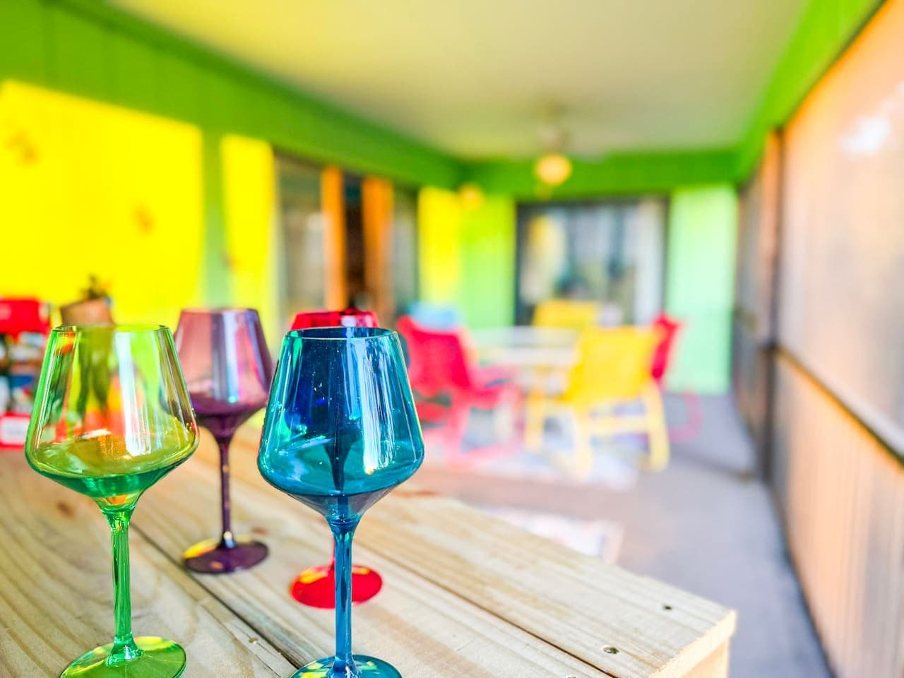 Colorful glassware ready for your celebratory drinks.