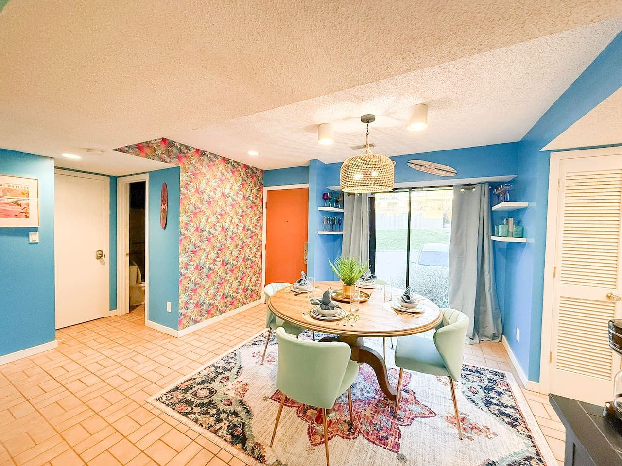 Bright, colorful dining space with patio access.