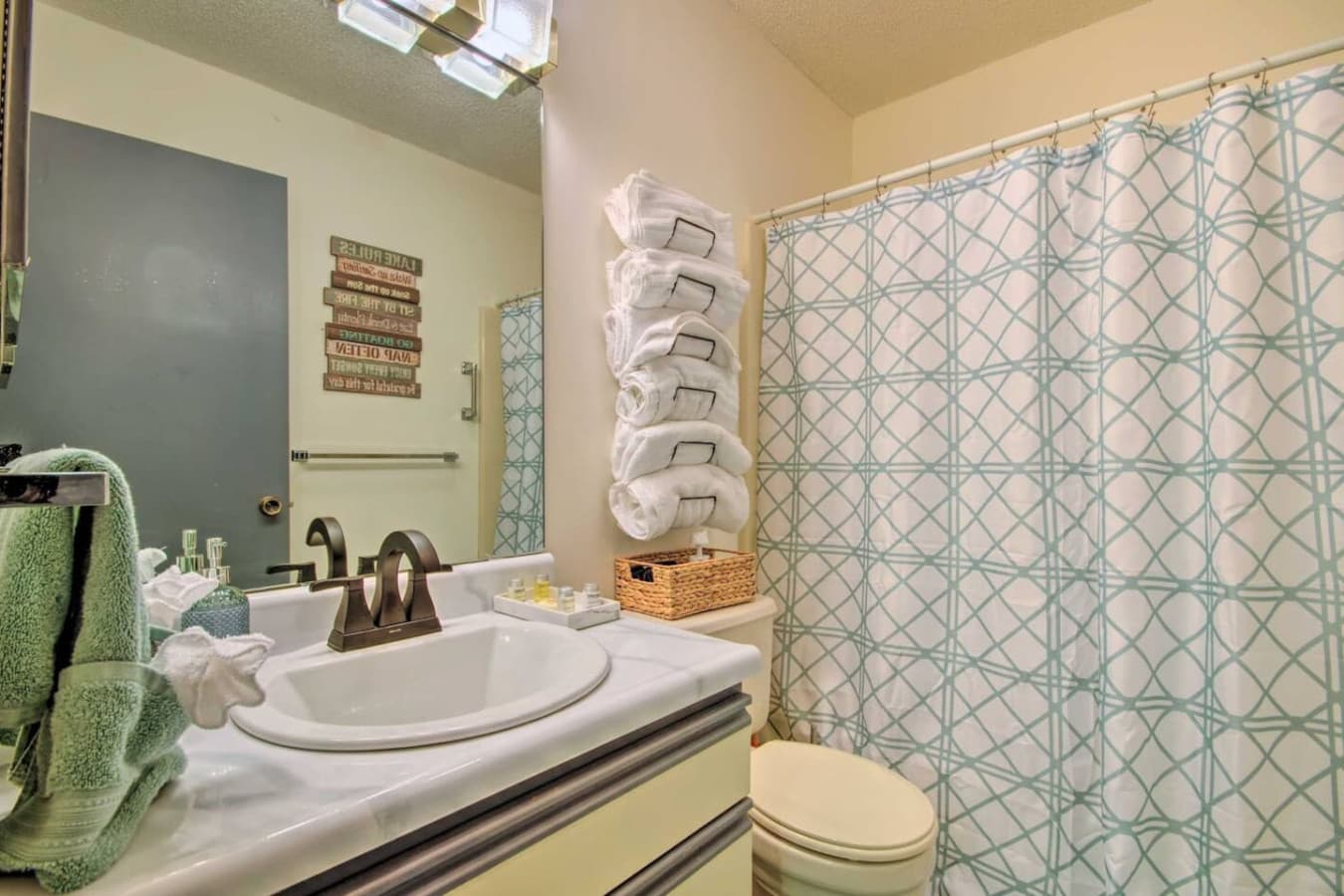Both bathrooms feature full-sized showers and come stocked with starter sets of towels and toiletries.