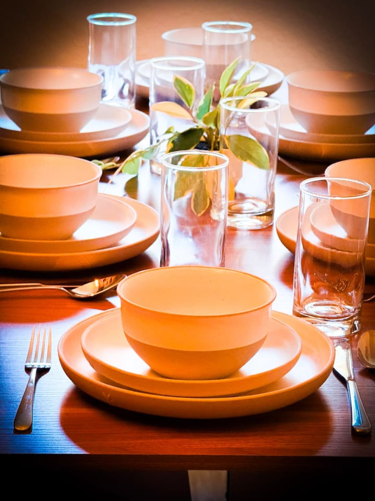 Fully set dining table for shared meals.