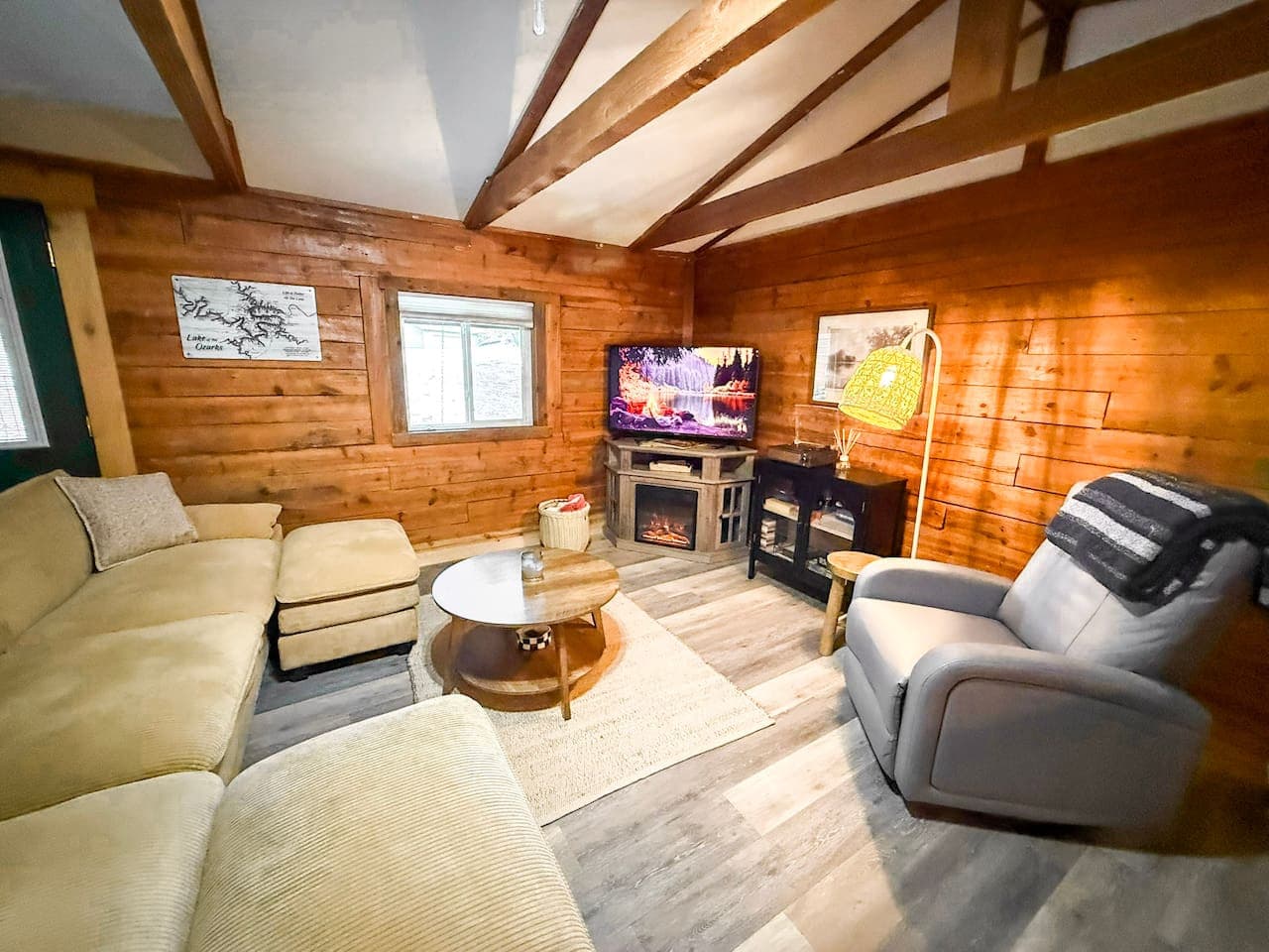 Comfortable seating with a warm cabin feel.