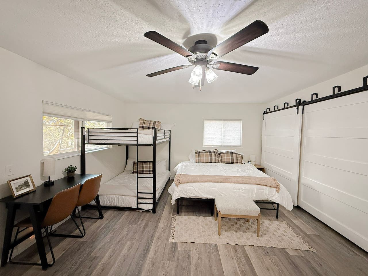King bed and bunks for families.