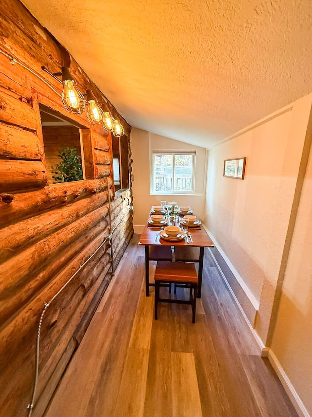 Warm wood walls and soft lighting.