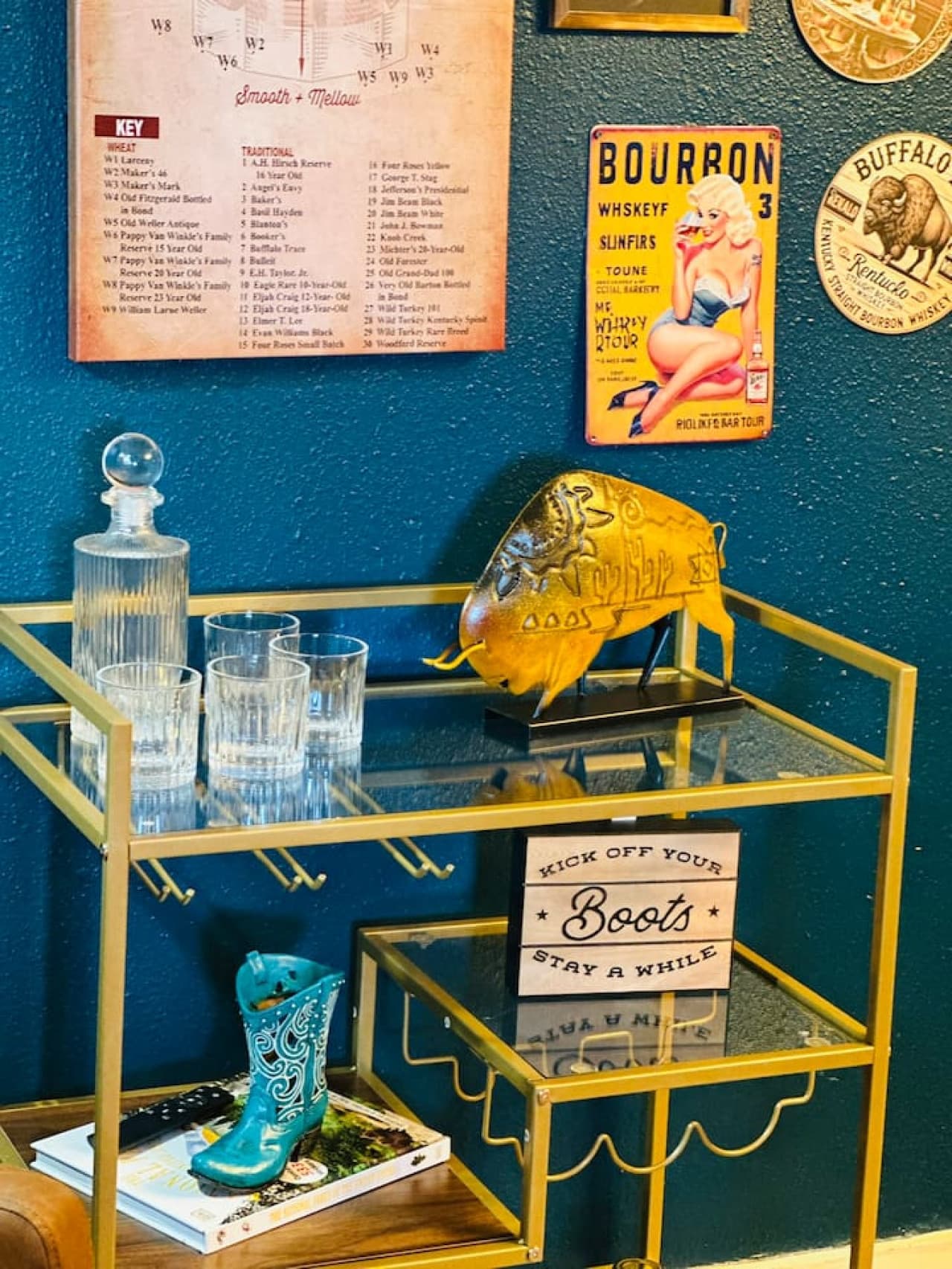 This close-up showcases a stylish gold bar cart against a deep teal wall adorned with unique vintage-inspired liquor advertisements and a decorative buffalo head. The cart is stocked with glassware and a decanter, while a turquoise cowboy boot adds a