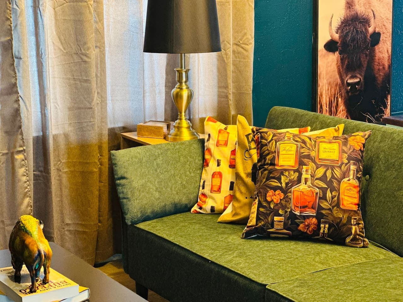 Every angle of the living room is a curated blend of texture, tone, and personality. A visual toast to the bungalow’s namesake.