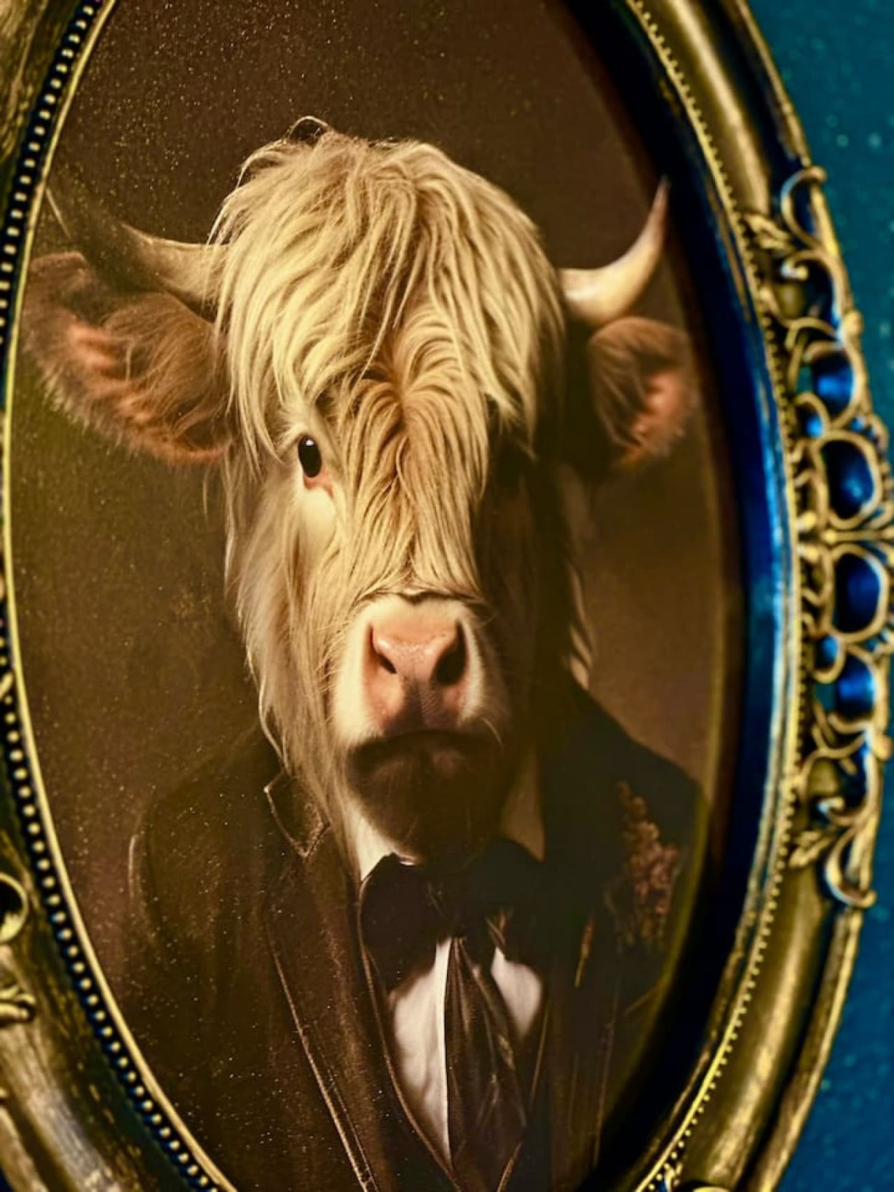 This close-up showcases a quirky and stylish framed portrait of a Highland cow dressed in formal attire, adding a unique and humorous touch to the decor. The ornate gold and black frame enhances the artwork, suggesting a space with personality and at