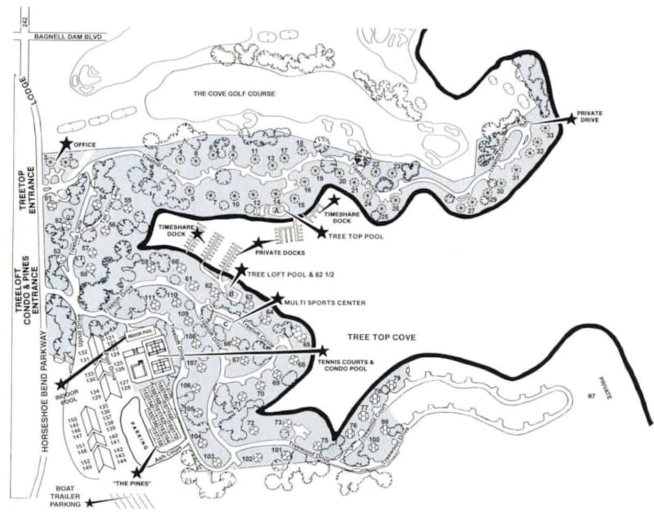 Explore the extensive amenities of the Four Seasons Area, including pools, dock access, pickleball courts, and a fitness center, all within easy reach of Treetop Village.