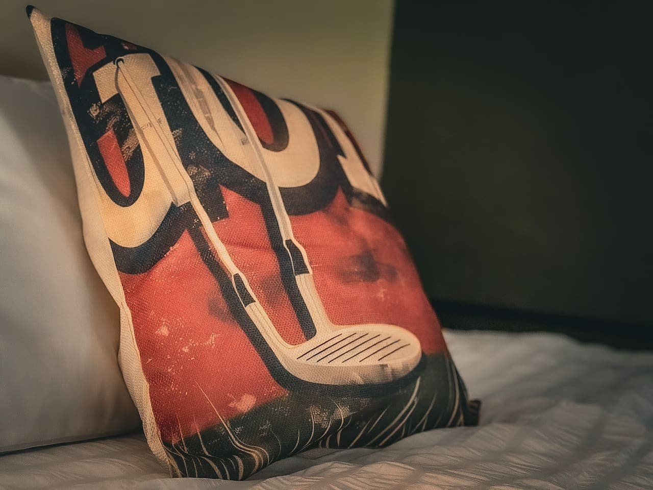 This stylish throw pillow, featuring a bold golf club design, adds a playful and sporty touch to the room's decor. Its vibrant pattern and comfortable texture make it a perfect accent piece for golf enthusiasts or anyone looking to add a touch of per