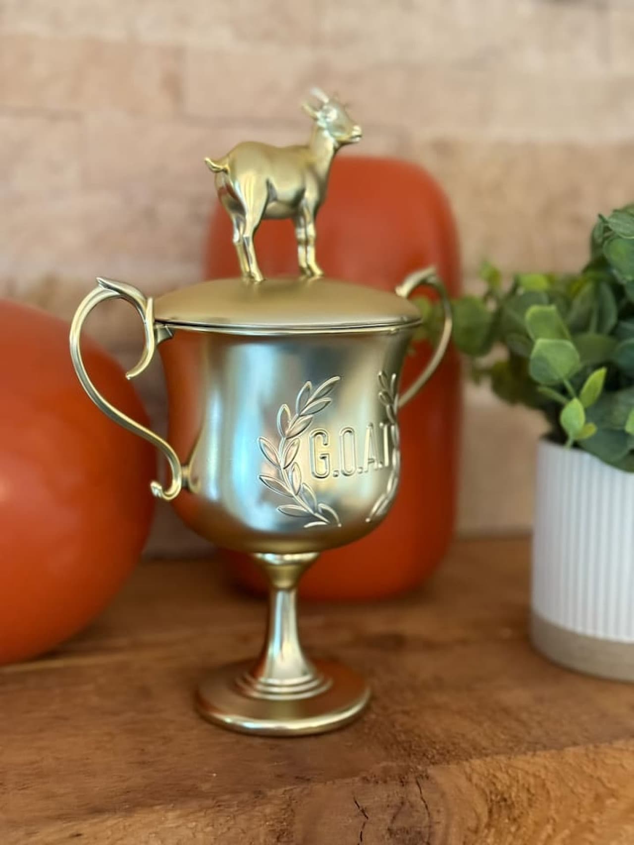 This charming decorative piece, featuring a "G.O.A.T." engraving and a playful goat finial, adds a touch of whimsical elegance. Its metallic finish complements the rustic background, hinting at a home with character and thoughtful styling.