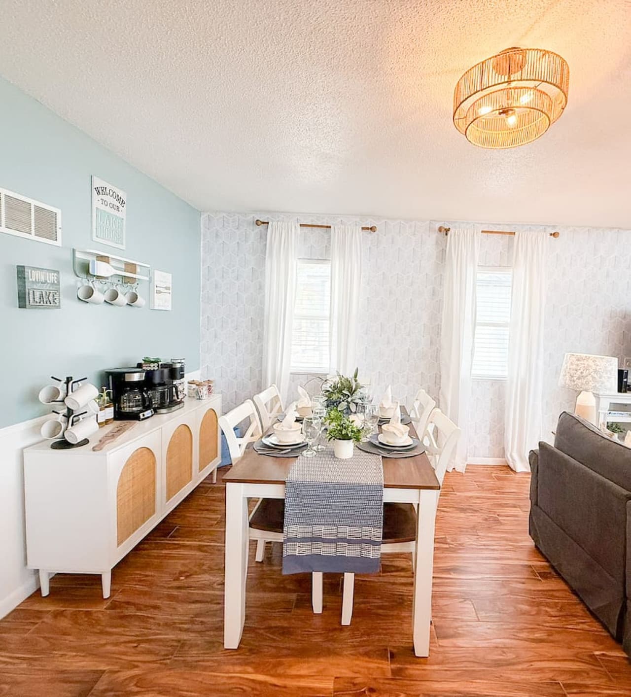 A warm and welcoming coffee corner surrounded by comfortable seating.