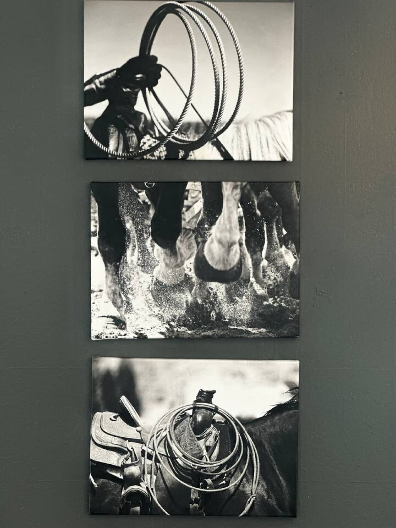Black and white cowboy photography brings texture and movement to the living space.