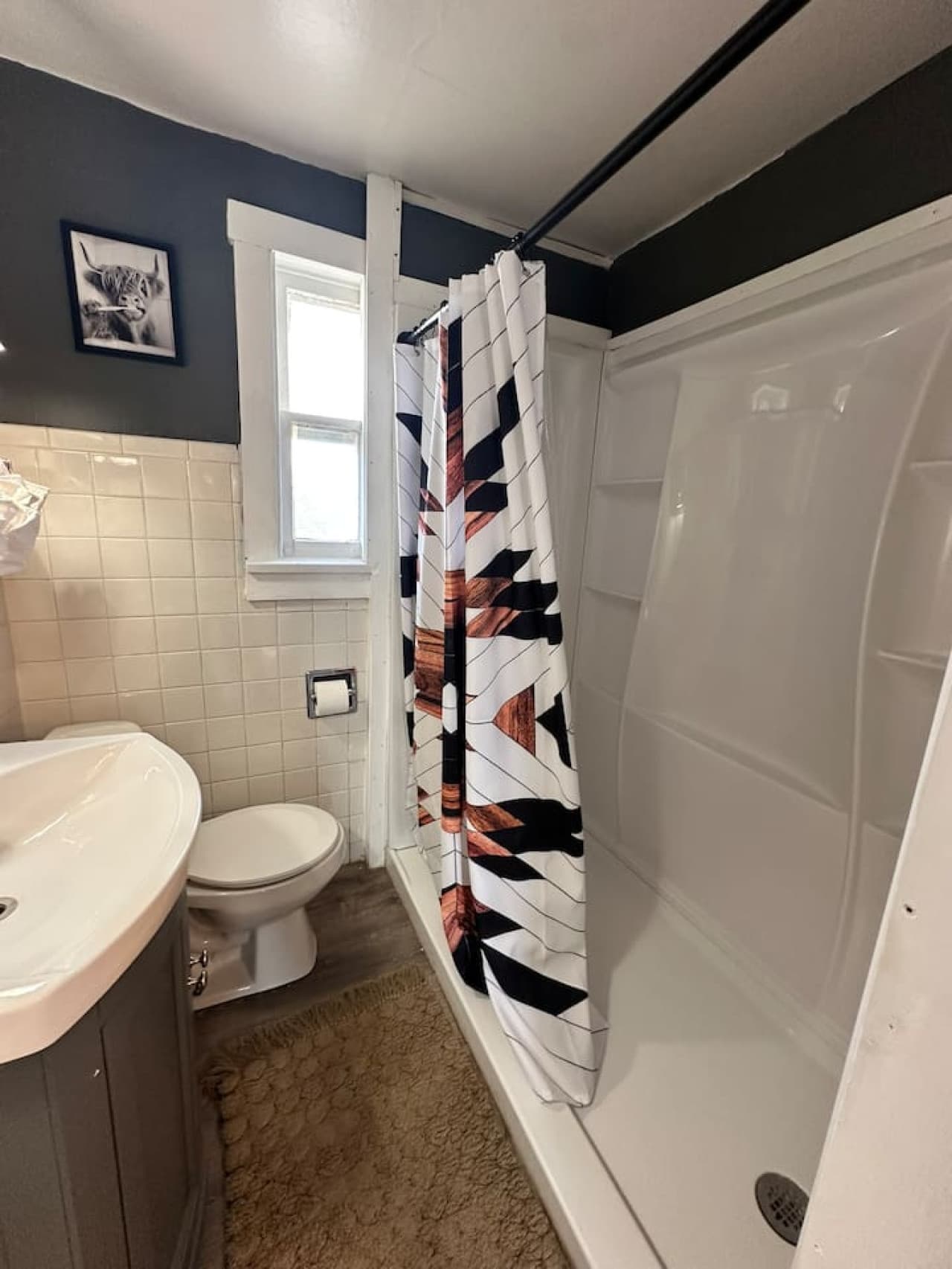Simple and functional bathroom with walk-in shower and warm natural light.