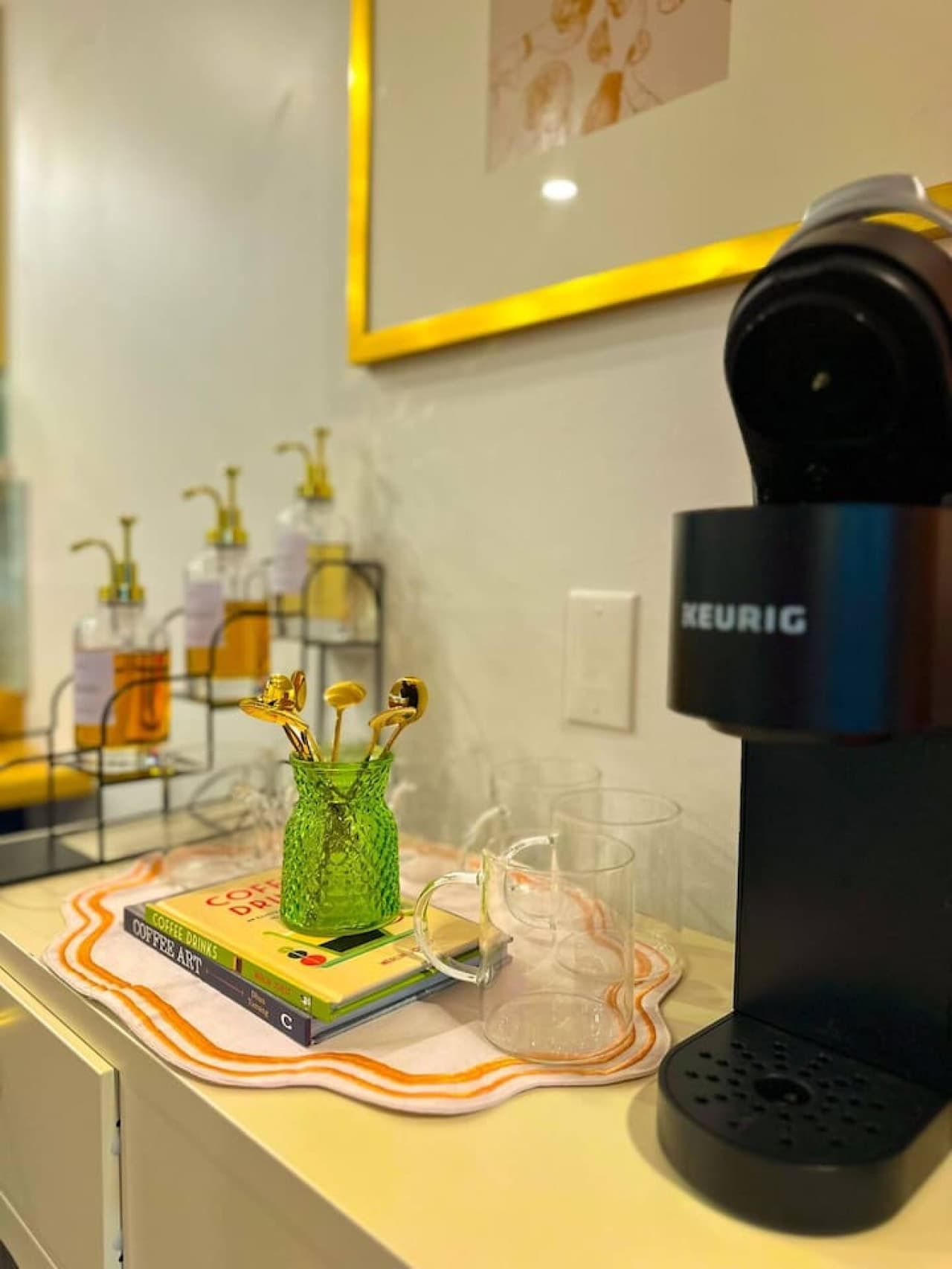 Wake up to lake views and enjoy your morning coffee from this thoughtfully designed coffee bar.