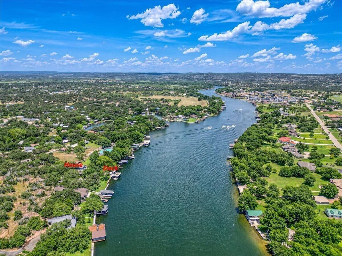 Colorado Arm of Lake LBJ - home and boat dock shown on left side in red