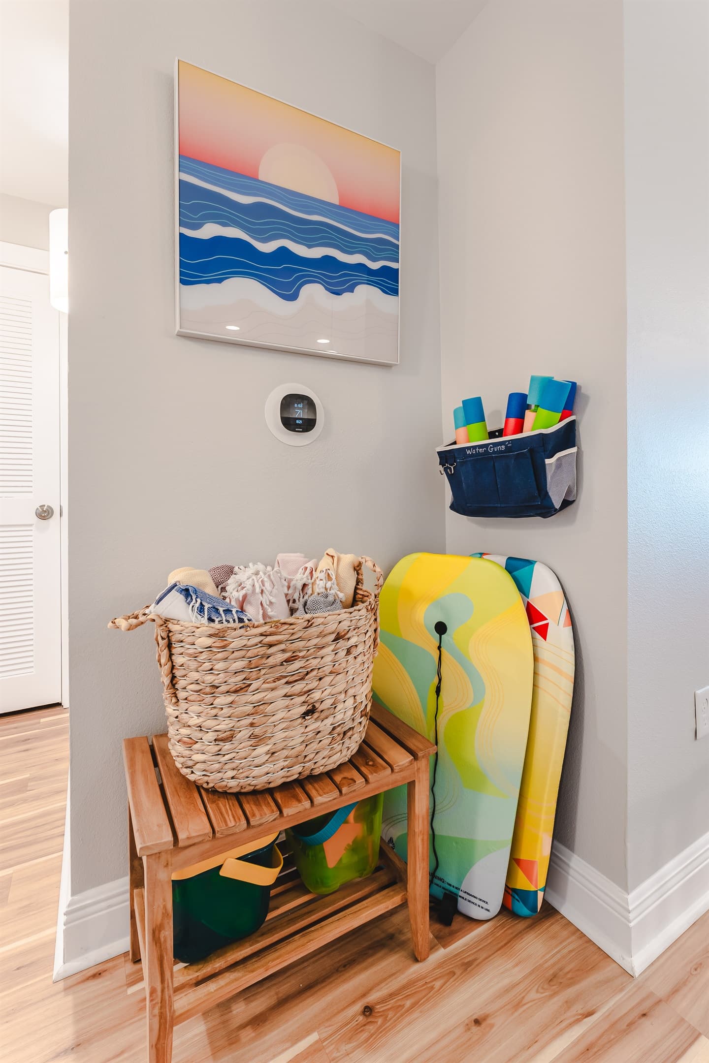 Fun corner! Water guns, body boards, and sand toys + soft Turkish beach towels.