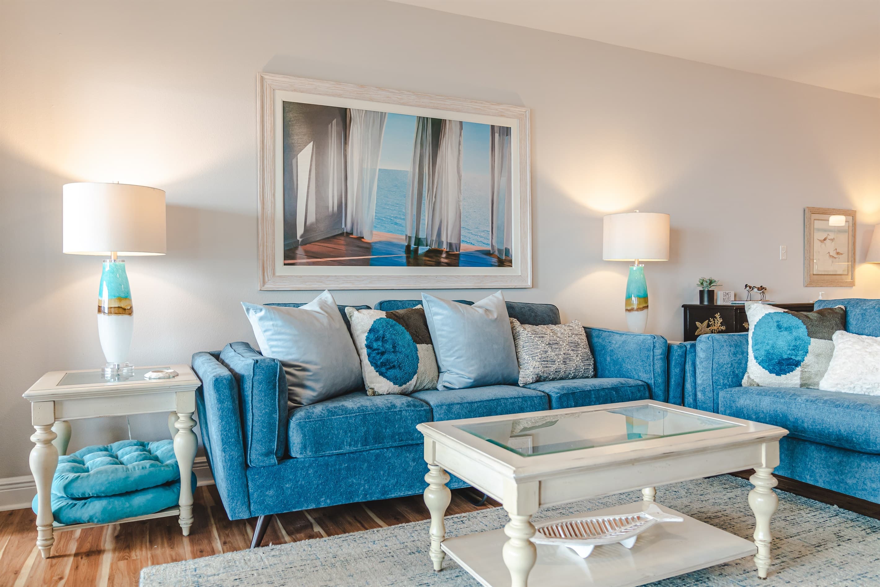 Everyone will feel at home in the elevated and comfortable style. Relax! Note: The extra sleeping area is here with queen sleeper sofa, ceiling fan, and blackout curtains.