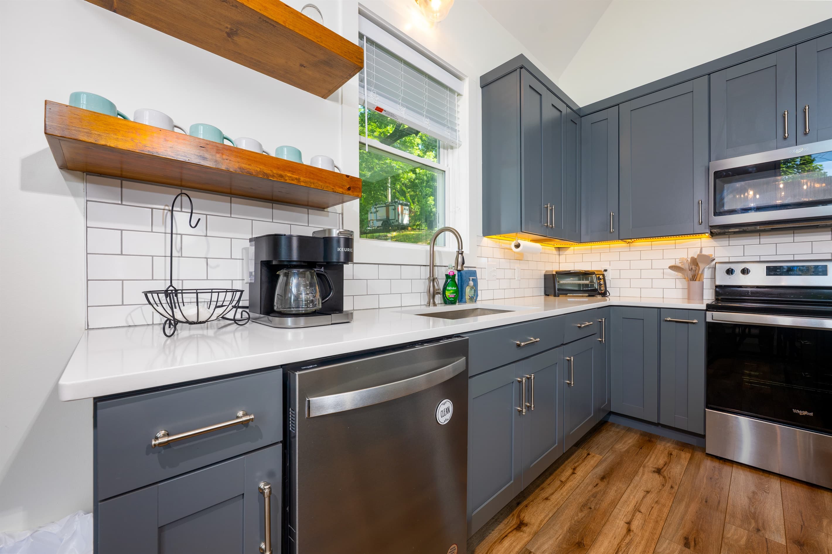 Kitchen-Cooking basics, stainless steel appliances, kitchen island for 3, coffee maker
