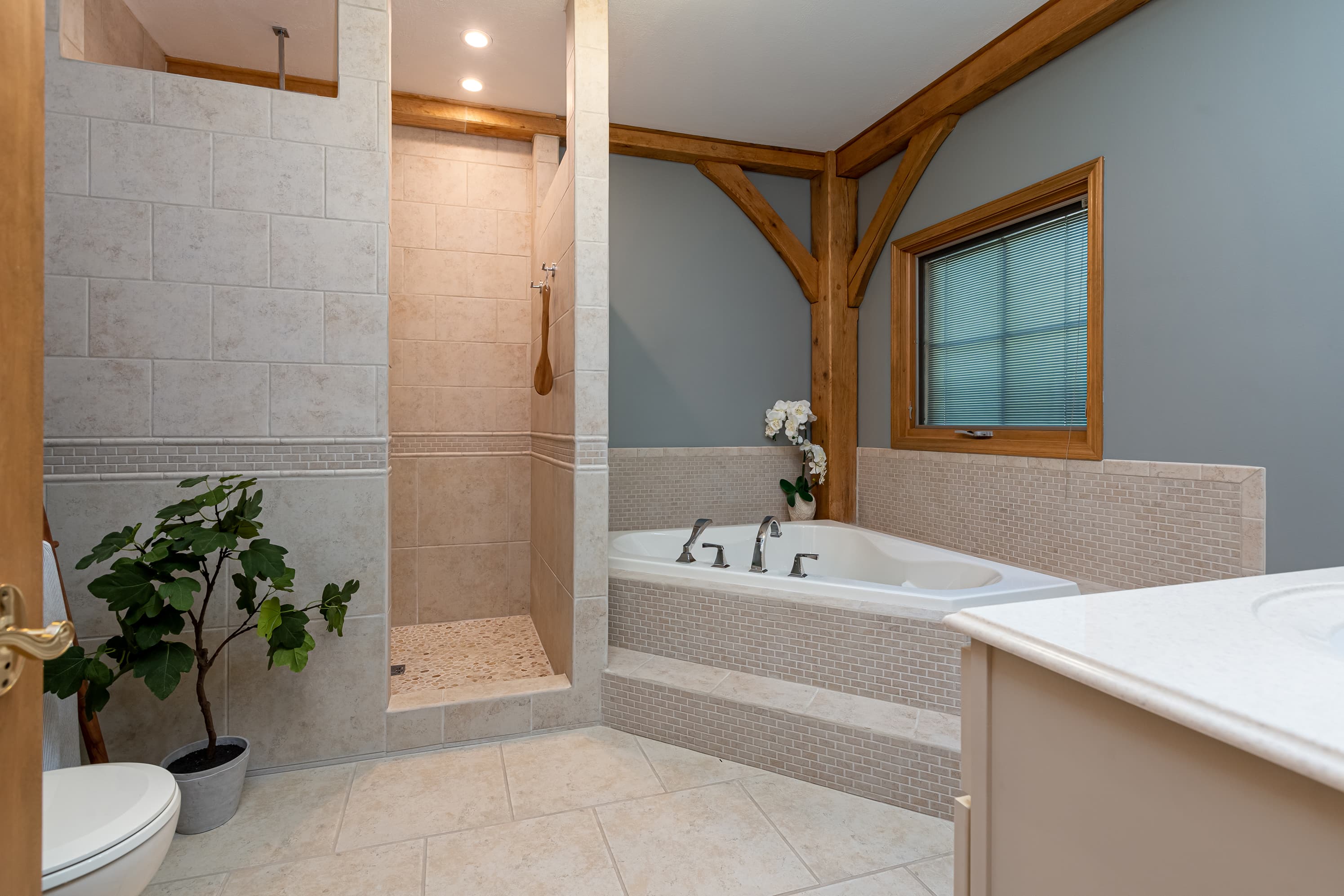 Master bathroom with soaking tub and walk in shower 