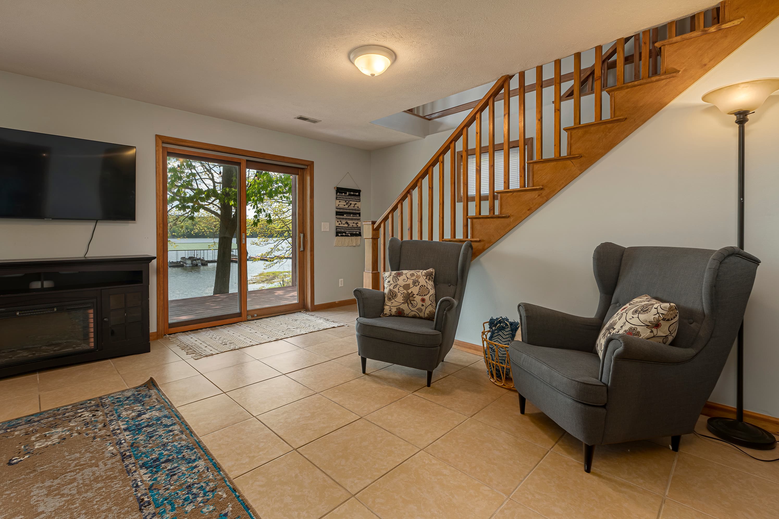 Electric fireplace and walk out deck