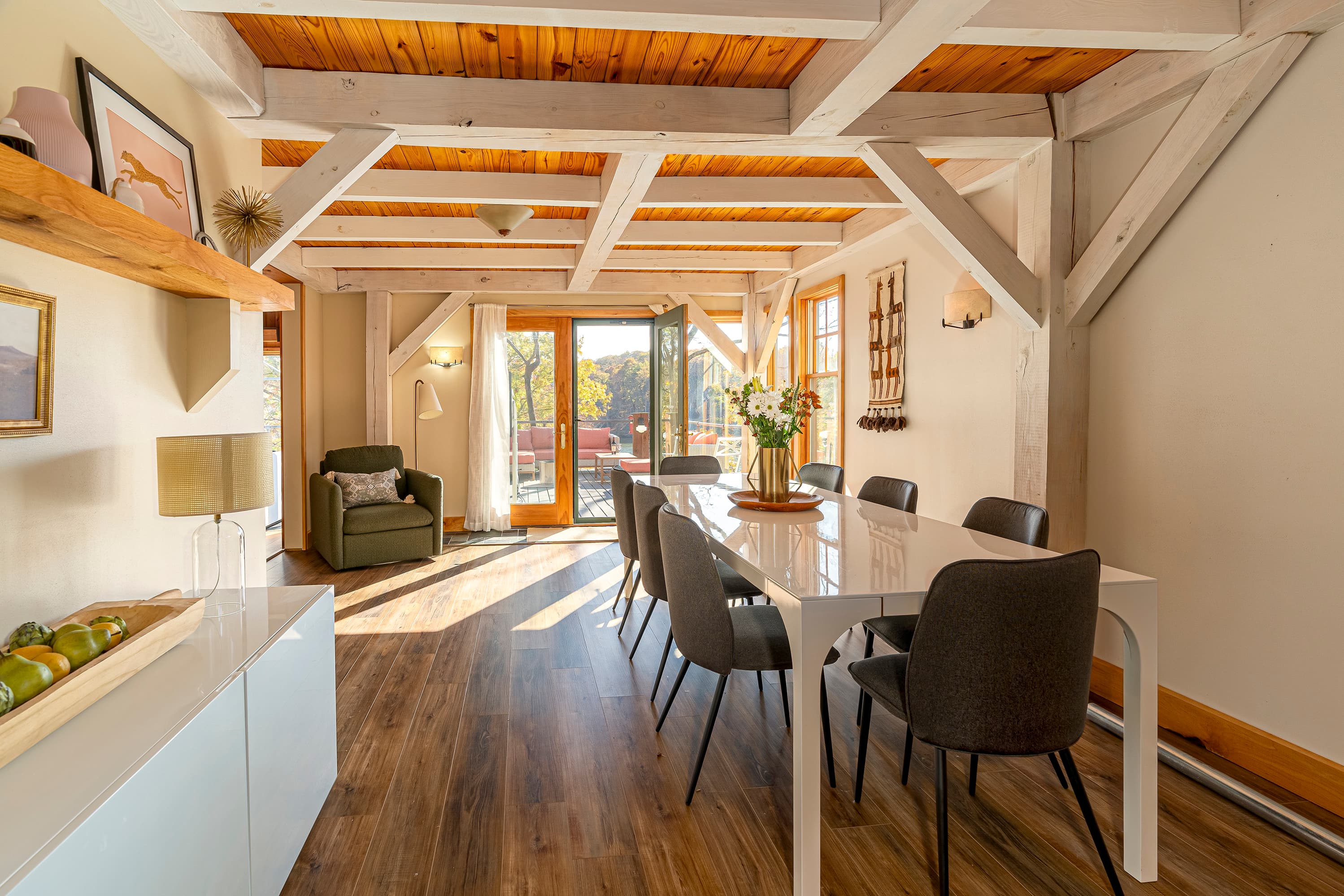 Walk out to large deck from dining