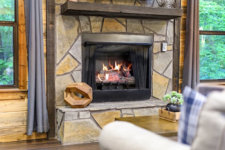 Seasonal stone fireplace