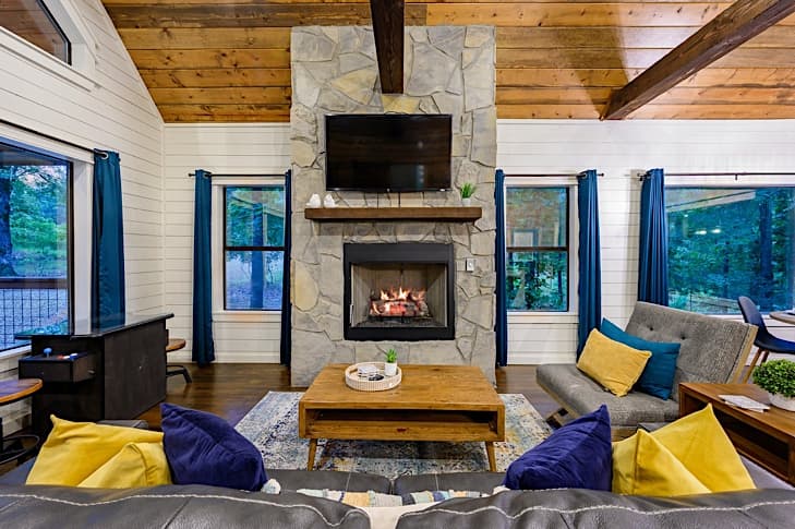 Seasonal stone fireplace