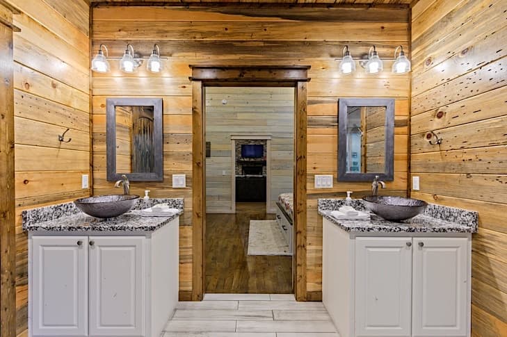 Double vanities with beautiful granite counters and vessel sinks