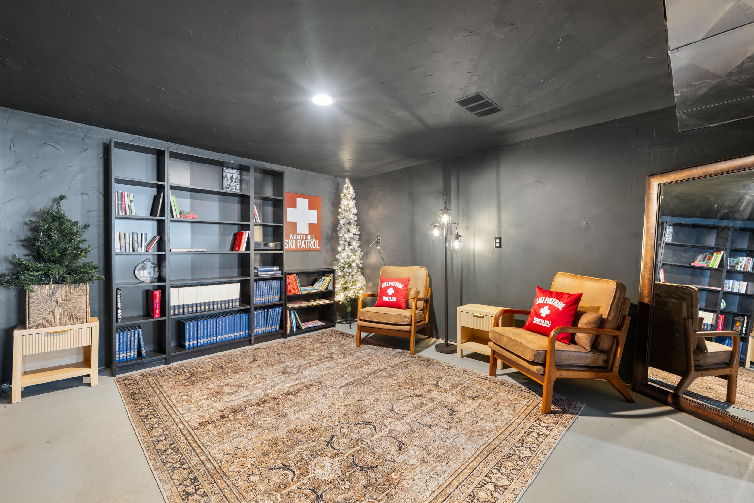 The library/speak easy is home to the original ski patrol room