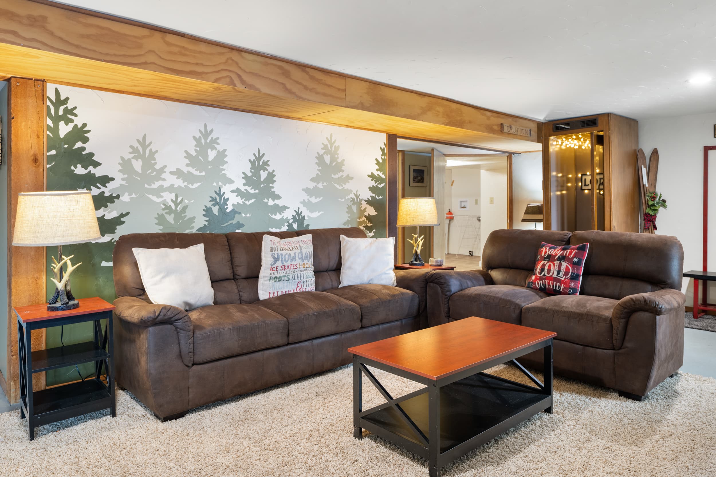 The lower level family room is cozy for movie night
