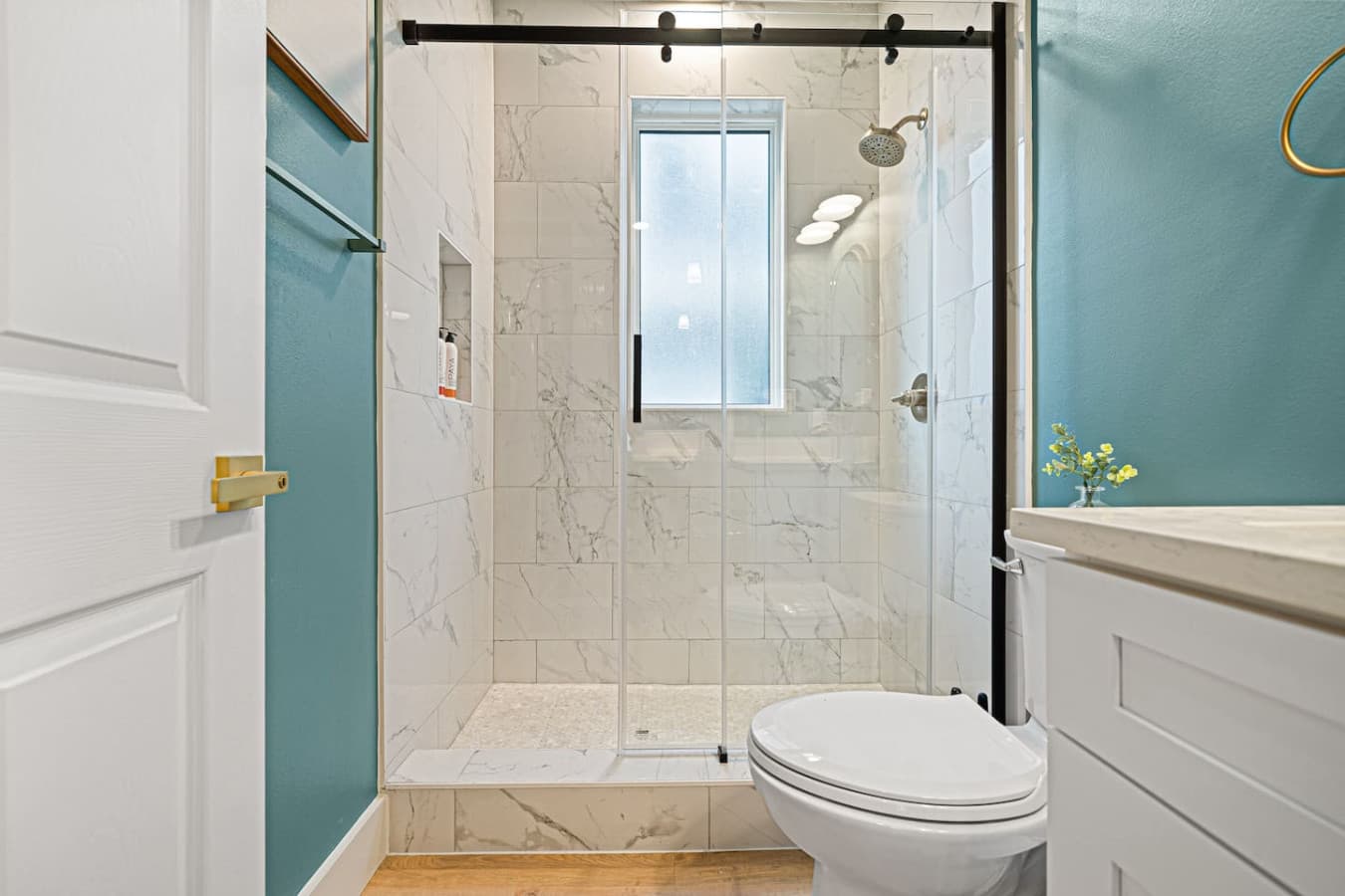 Green House: Spacious walk-in shower with high-end hardware.
