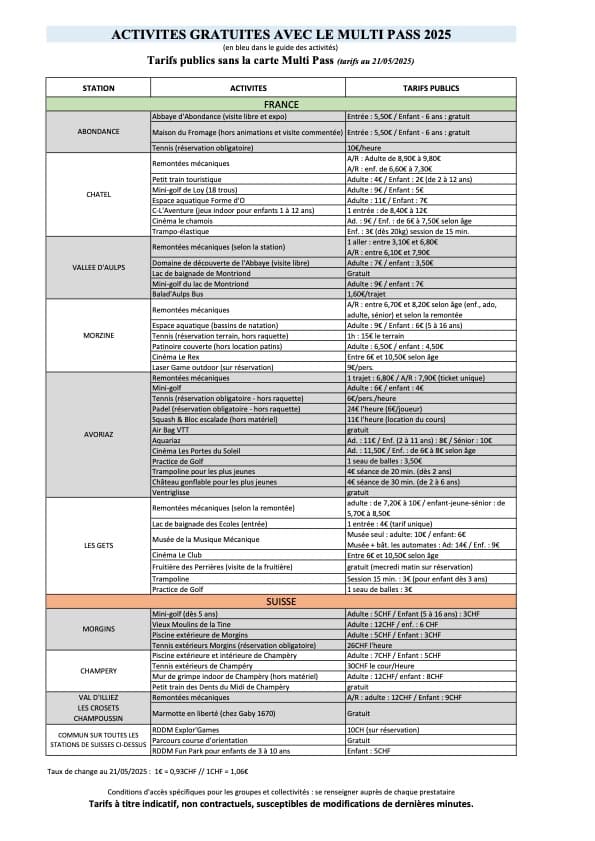 Activités Multi Pass 2025 tarifs publics FR