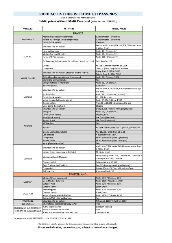 Activités Multi Pass 2025 tarifs publics GB