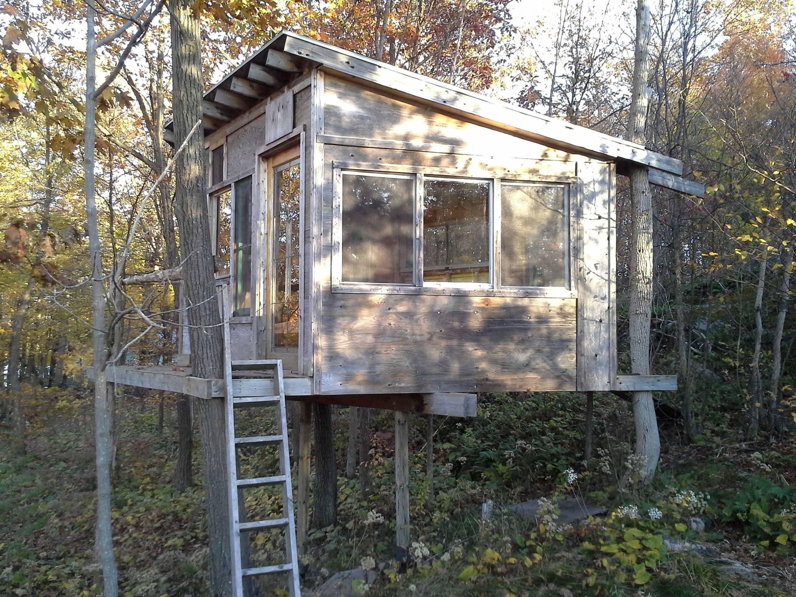 adult tree house: queen bed, skylight, stain glass window
