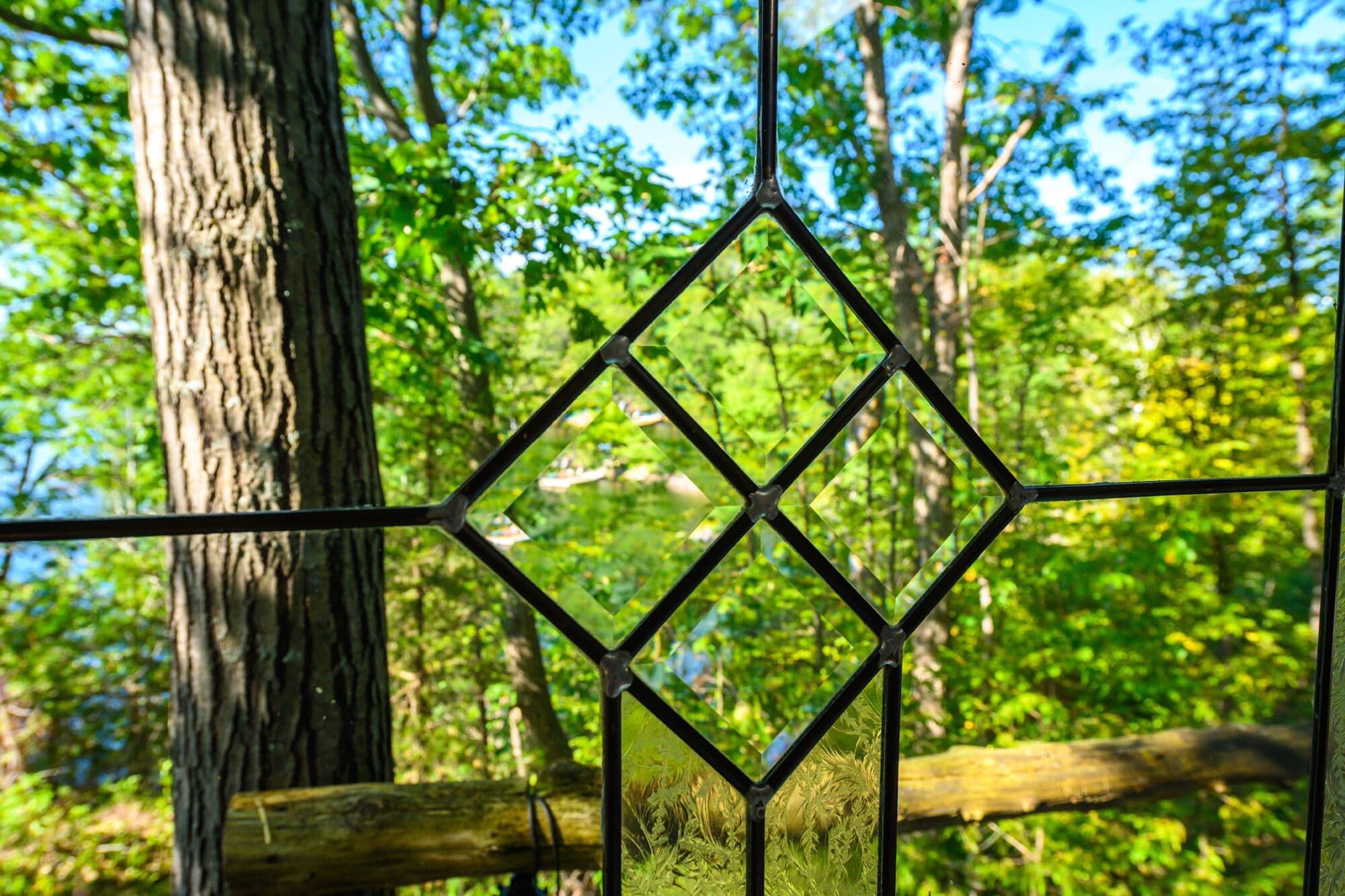 lead beveled glass door of treehouse