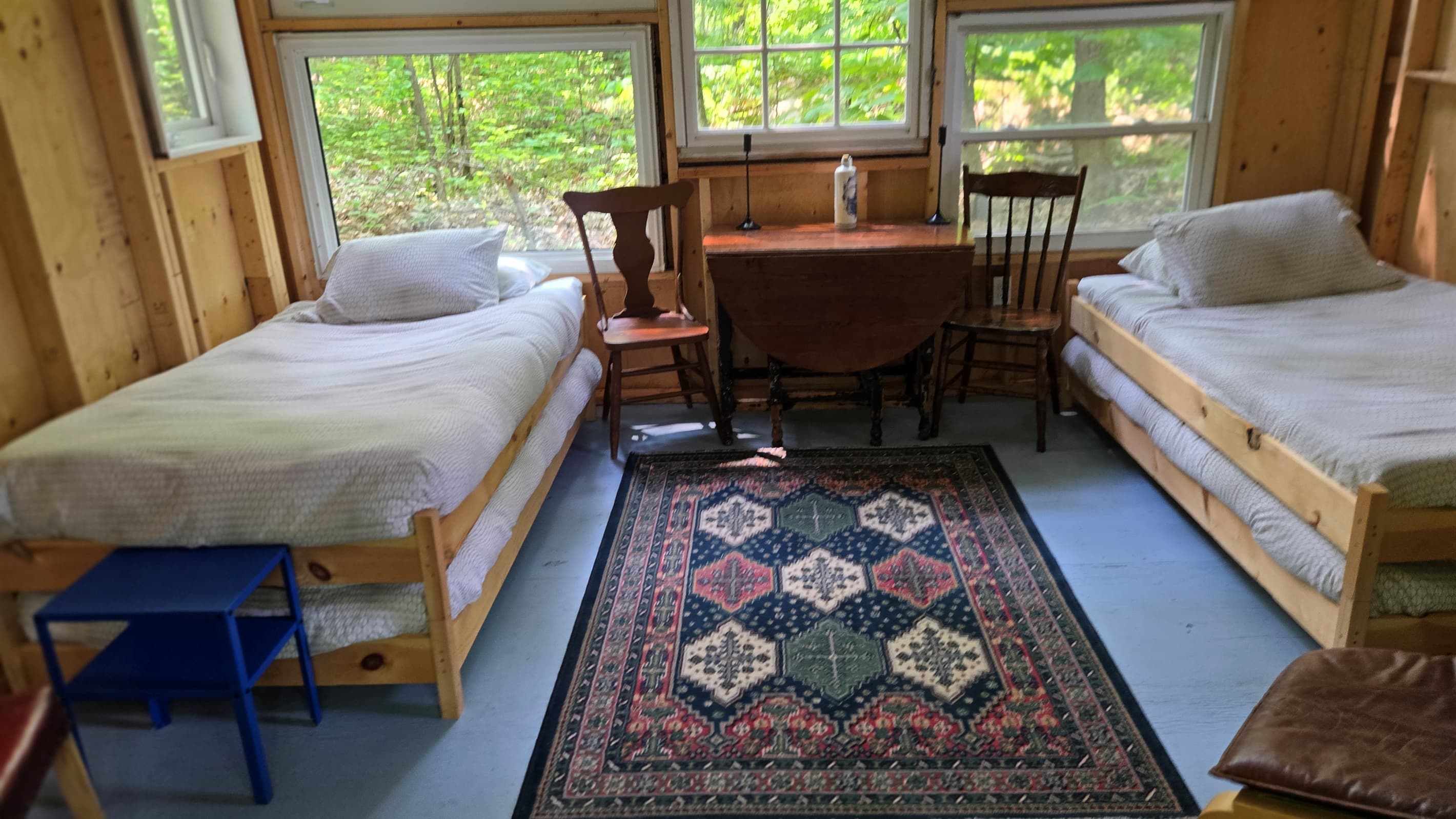 a view of the forest through the windows