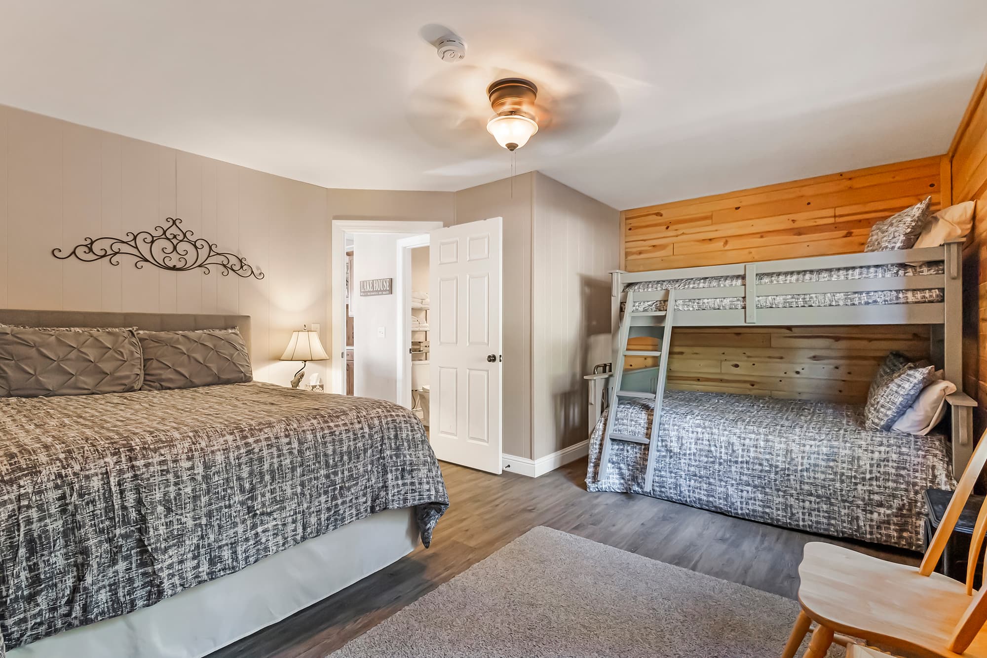 Upstairs bedroom 2 has one queen bed and double bunk beds (double/twin)