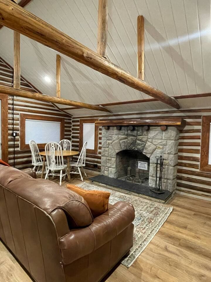 Relax on the leather sofa after a long day of adventuring (fireplace is decorative only).