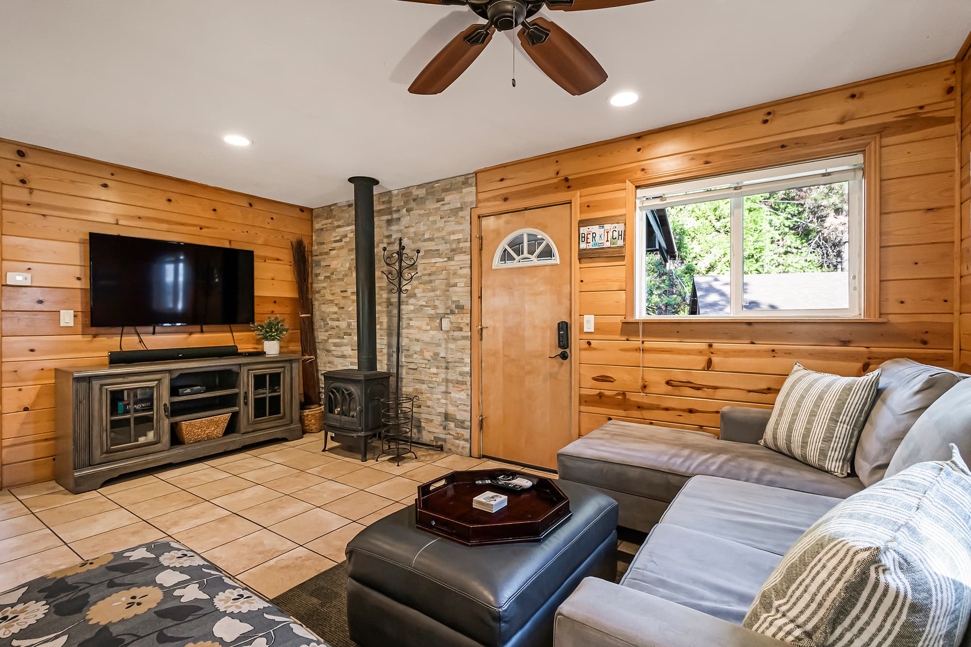 Stay warm with our propane burning fireplace