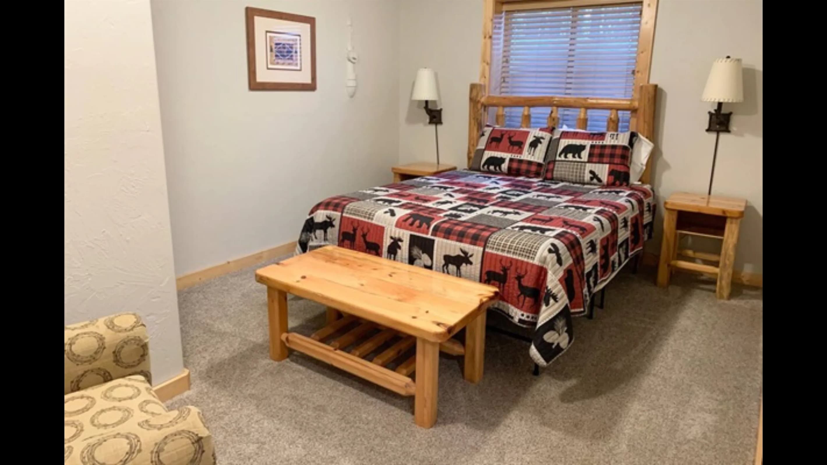 Cozy queen bed for a restful night's sleep.