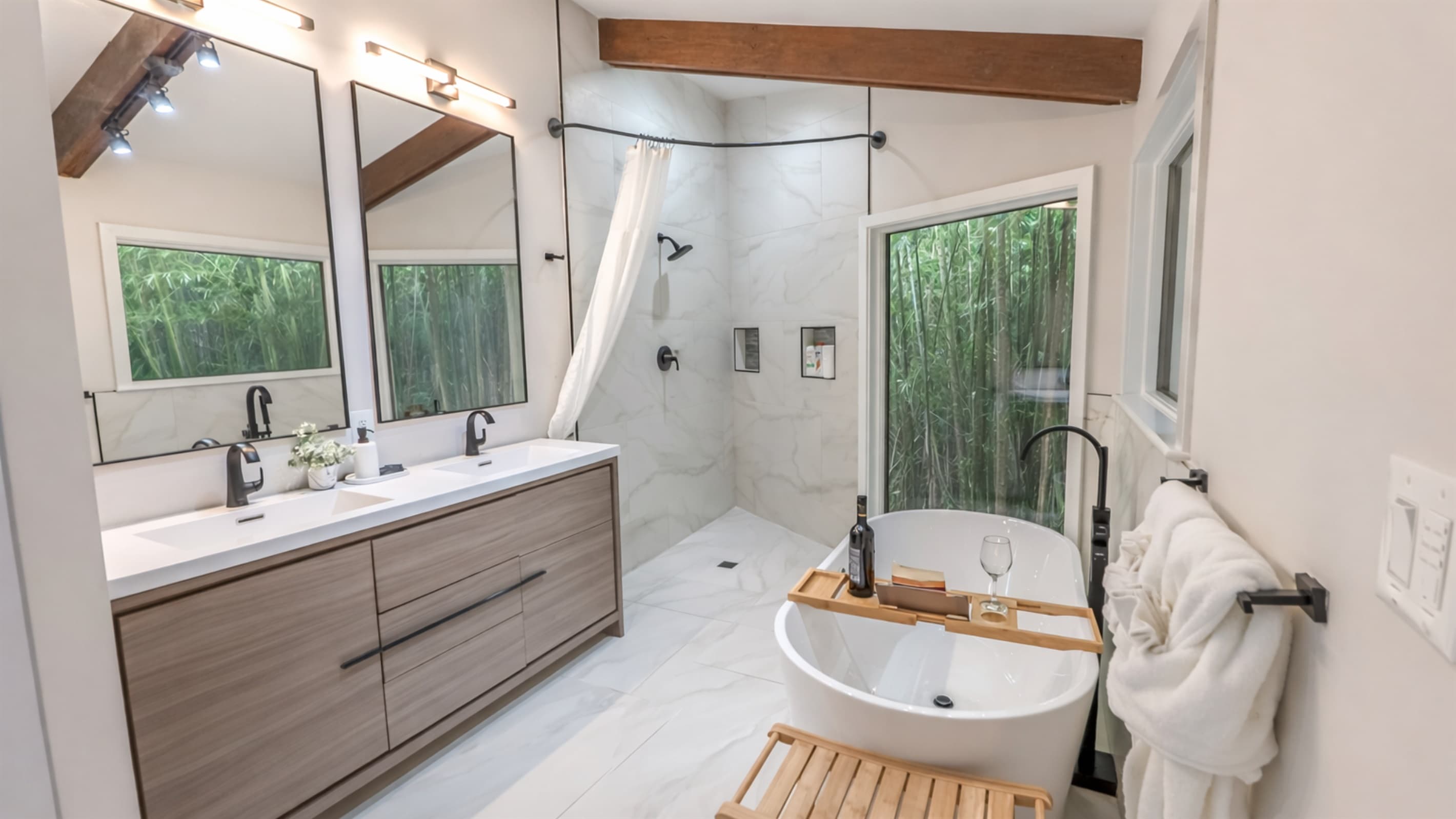 En-Suite Bath — Freestanding Soaking Tub, Glass-Enclosed Bamboo Shower, Spa Setting