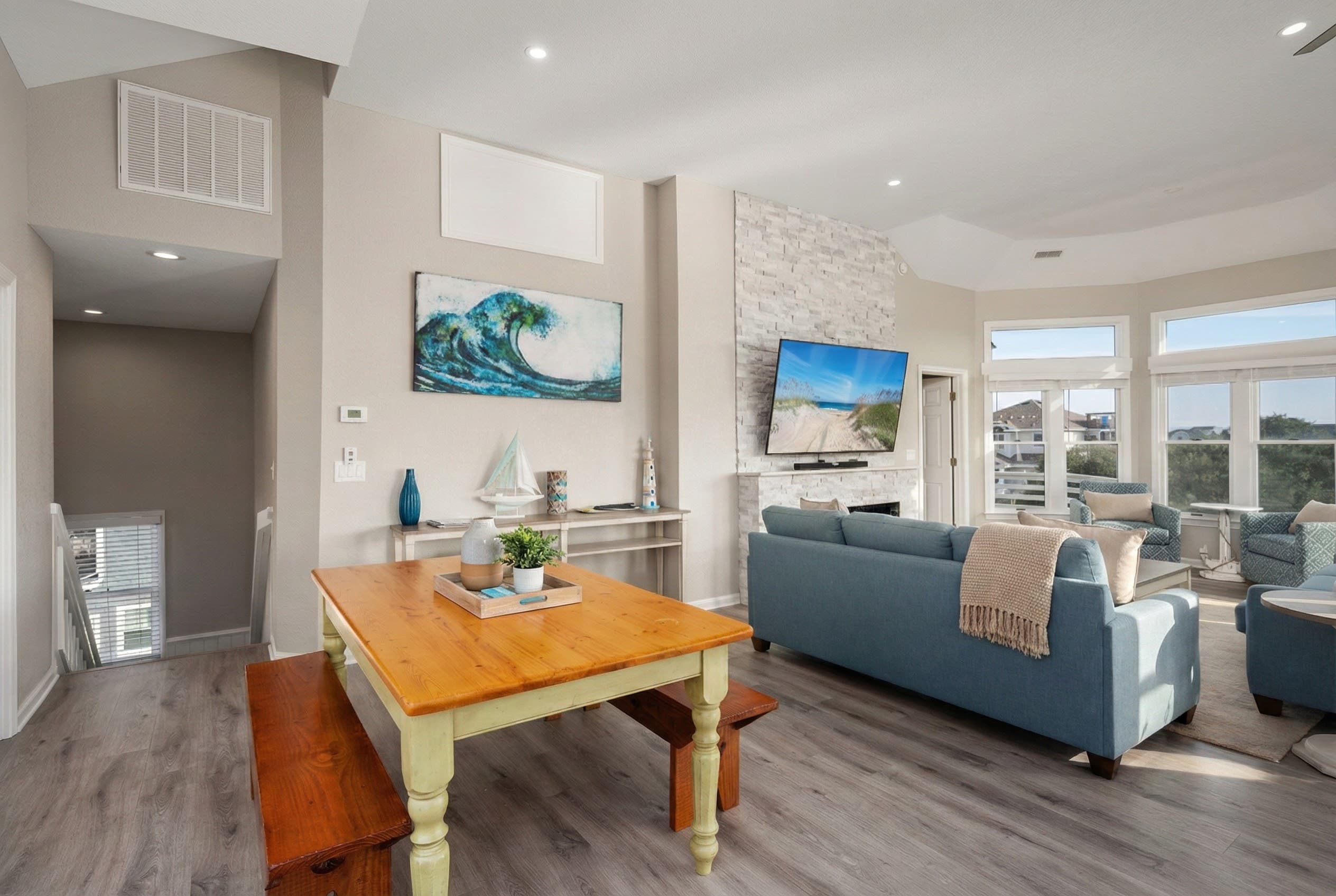 Modern Great Room with Electric Fireplace, 75" Smart TV & Surround Sound | Harmankaya, Corolla Outer Banks